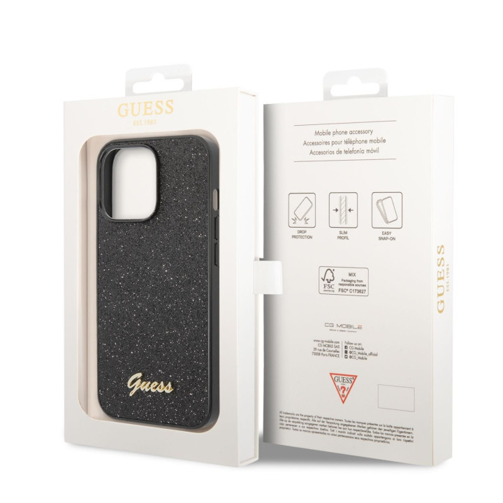 Guess PC/TPU Glitter Flakes Metal Logo Zadný Kryt pre iPhone 14 Pro Black